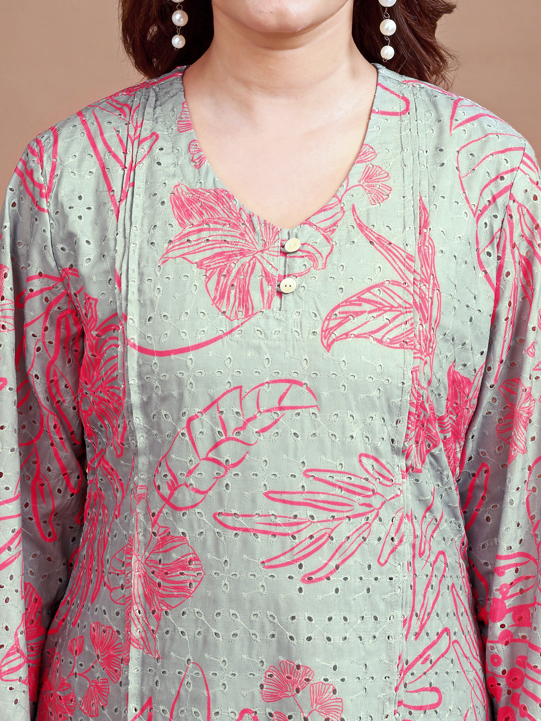 Dusty Green colour Hakoba printed tunic with trouser cord set